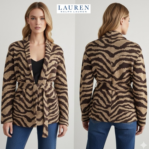 Lauren Ralph Lauren Zebra Print Linen Cotton Belt Cardigan Hand Knit Coatigan M - Picture 3 of 16